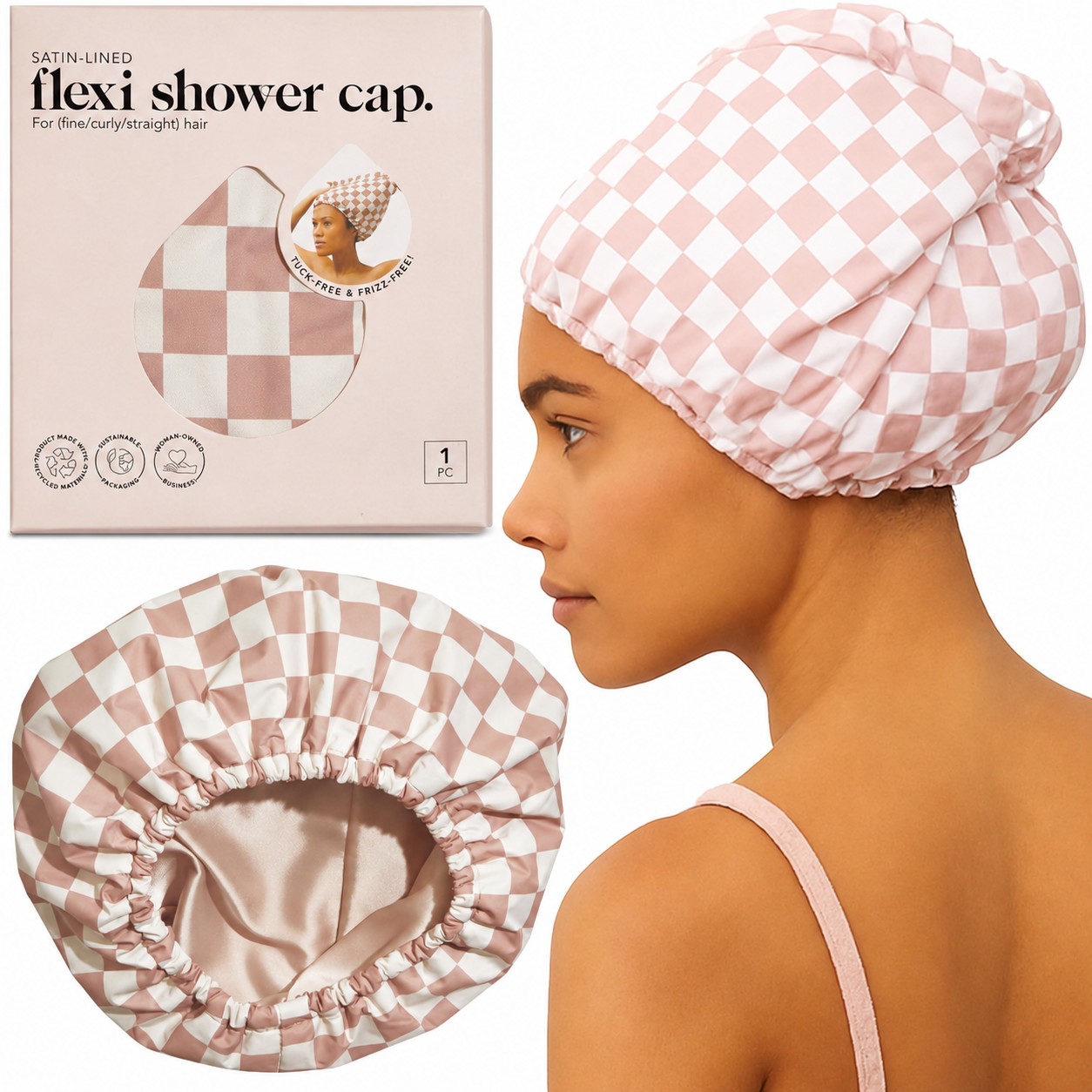 Azokro®Luxury Shower Caps for Women Reusable Waterproof - FlexiSatin Lined, Large Wide Shower Cap for Women & Men, Adjustable,Stylish Hair Cap for Shower, For Long & Short Hair - TerracottaChecker