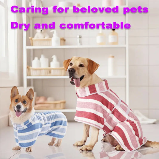 Futavion® Quick-Drying Dog Bathrobe, 1-Piece Striped Pet Dressing Gown with Adjustable Belly Band, Super-Absorbent Super-Soft Fabric