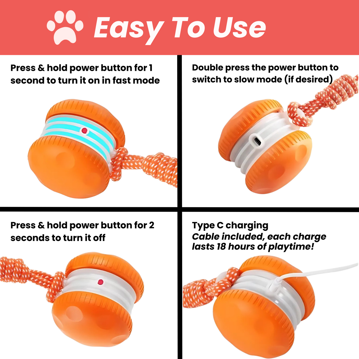 UP|⚽Futavion®Interactive Dog Toys, Electric Automatic Rolling Ball Toy with Rope, Random Path Moving Dog Ball for Chewing and Playing, Boredom Relief,for Small Medium Dogs