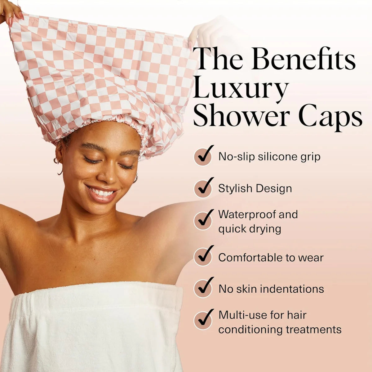 Azokro®Luxury Shower Caps for Women Reusable Waterproof - FlexiSatin Lined, Large Wide Shower Cap for Women & Men, Adjustable,Stylish Hair Cap for Shower, For Long & Short Hair - TerracottaChecker