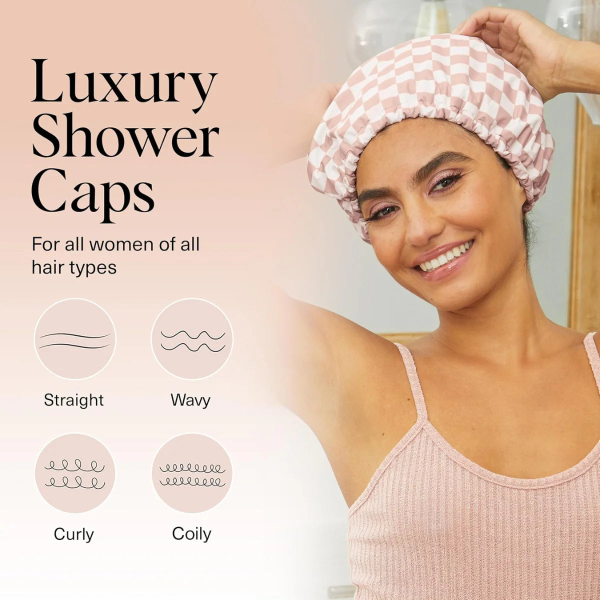 Azokro®Luxury Shower Caps for Women Reusable Waterproof - FlexiSatin Lined, Large Wide Shower Cap for Women & Men, Adjustable,Stylish Hair Cap for Shower, For Long & Short Hair - TerracottaChecker
