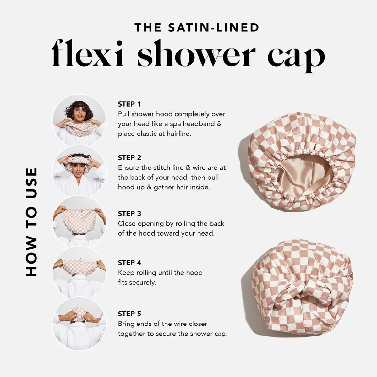 Azokro®Luxury Shower Caps for Women Reusable Waterproof - FlexiSatin Lined, Large Wide Shower Cap for Women & Men, Adjustable,Stylish Hair Cap for Shower, For Long & Short Hair - TerracottaChecker