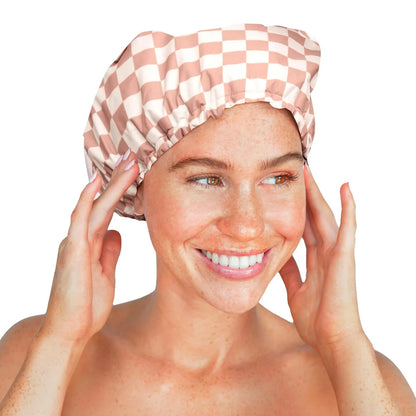 Azokro®Luxury Shower Caps for Women Reusable Waterproof - FlexiSatin Lined, Large Wide Shower Cap for Women & Men, Adjustable,Stylish Hair Cap for Shower, For Long & Short Hair - TerracottaChecker