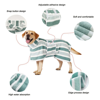 Futavion® Quick-Drying Dog Bathrobe, 1-Piece Striped Pet Dressing Gown with Adjustable Belly Band, Super-Absorbent Super-Soft Fabric