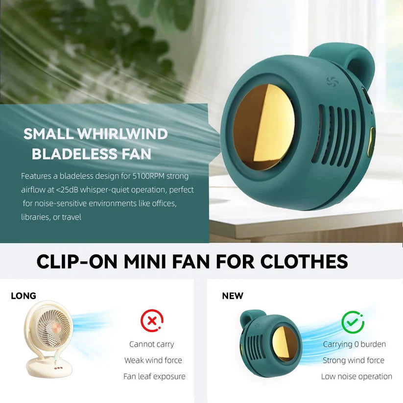 ❄️Azokro®Portable Clip-On Bladeless Fan, Mini USB Rechargeable 360° Rotatable Fan, 3-Speed Silent Personal Cooling Fan for Outdoor Travel Office
