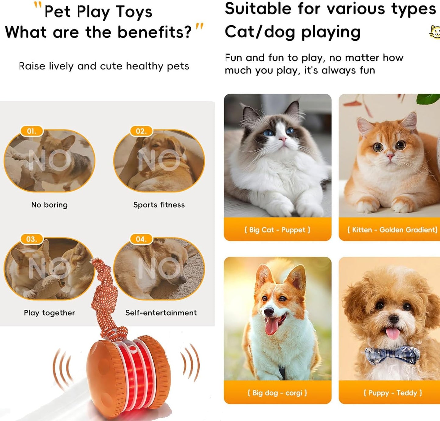 UP|⚽Futavion®Interactive Dog Toys, Electric Automatic Rolling Ball Toy with Rope, Random Path Moving Dog Ball for Chewing and Playing, Boredom Relief,for Small Medium Dogs