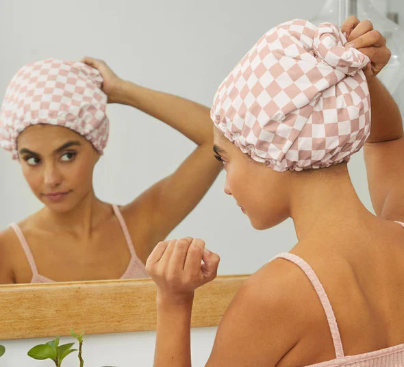 Azokro®Luxury Shower Caps for Women Reusable Waterproof - FlexiSatin Lined, Large Wide Shower Cap for Women & Men, Adjustable,Stylish Hair Cap for Shower, For Long & Short Hair - TerracottaChecker