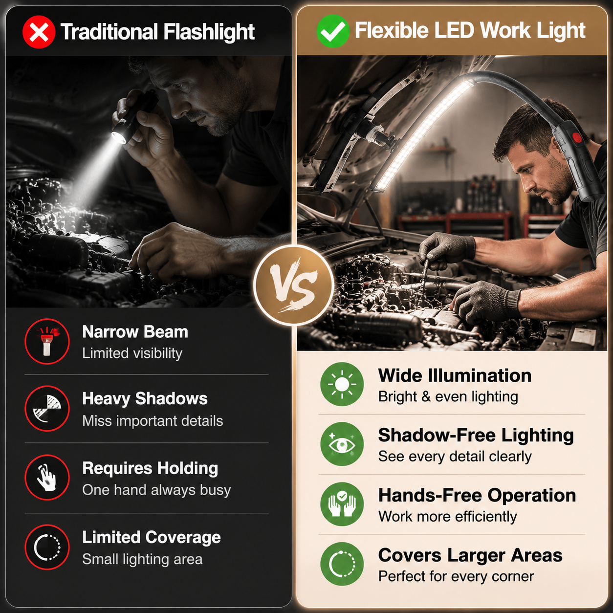 Flexible LED Work Light - Bendable Magnetic Inspection Flashlight, Rechargeable Hands-Free Repair Lamp with Long Runtime for Automotive Repair, Garage & Outdoor Use