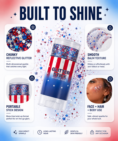 🗽4th of July Glitter Stick – Multi-Use Face, Body & Hair Glitter for Festivals & Patriotic Celebrations
