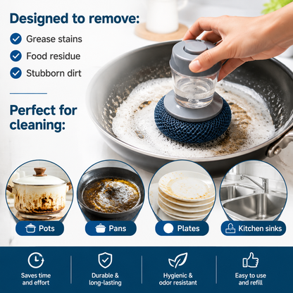 Smart Automatic Soap Dispensing Kitchen Scrub Brush, Built-In Liquid Soap Dispenser With Ergonomic Handle For Easy Dishwashing, Sink, Bowl, Pot And Pan Cleaning