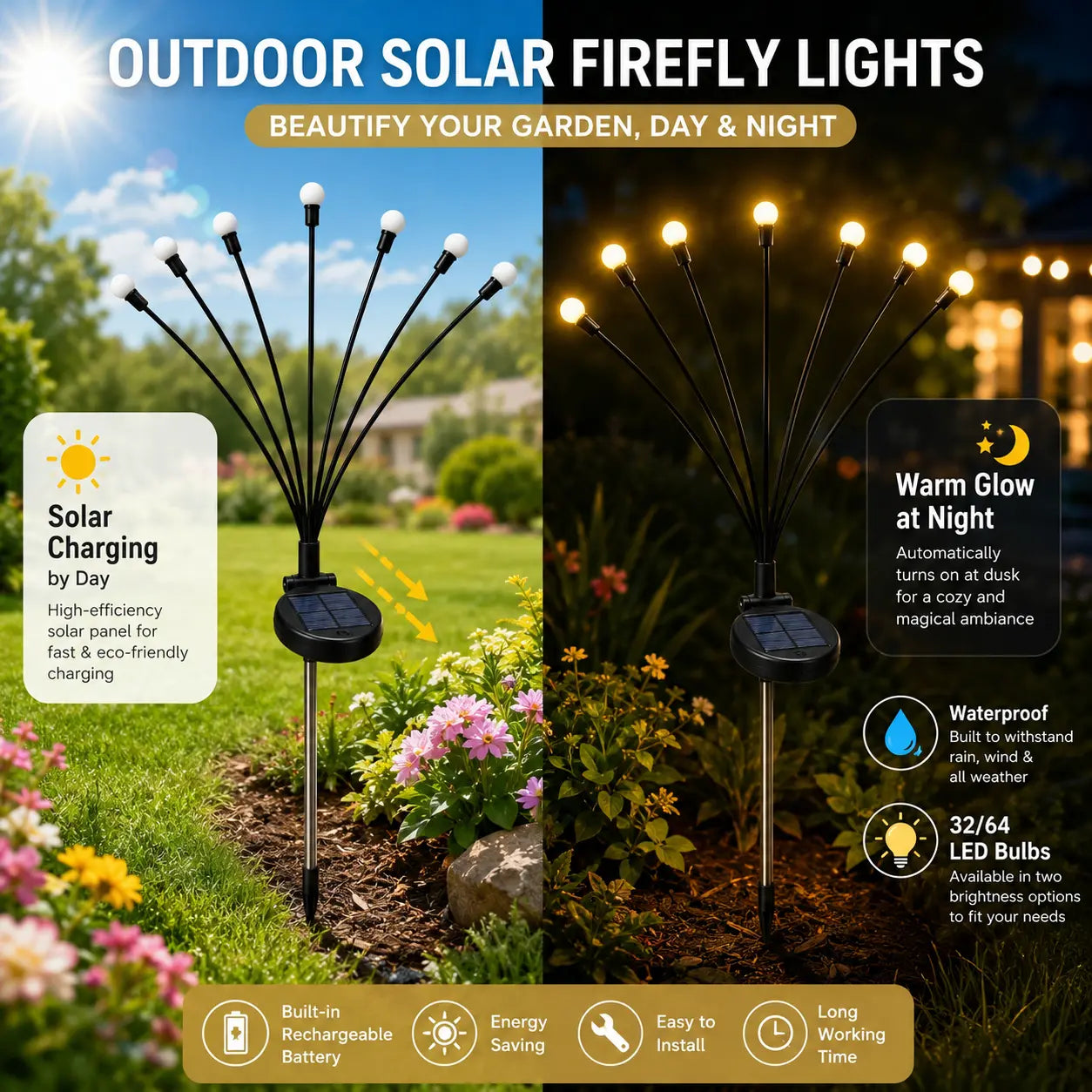 💡Futavion®Outdoor Solar Firefly Lights,  Waterproof Garden Stake Lights with Auto Dusk-to-Dawn Glow, 32/64 LED Bulbs for Yard, Patio, Pathway, Walkway & Landscape Decor